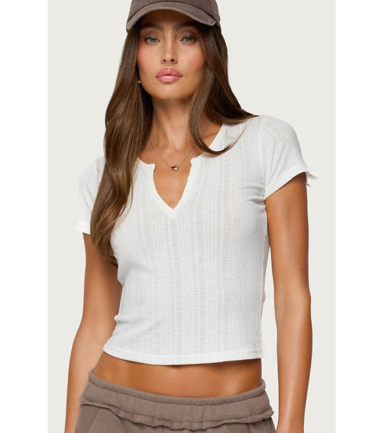 Edikted Women's Semi Sheer Ribbed V Neck T Shirt