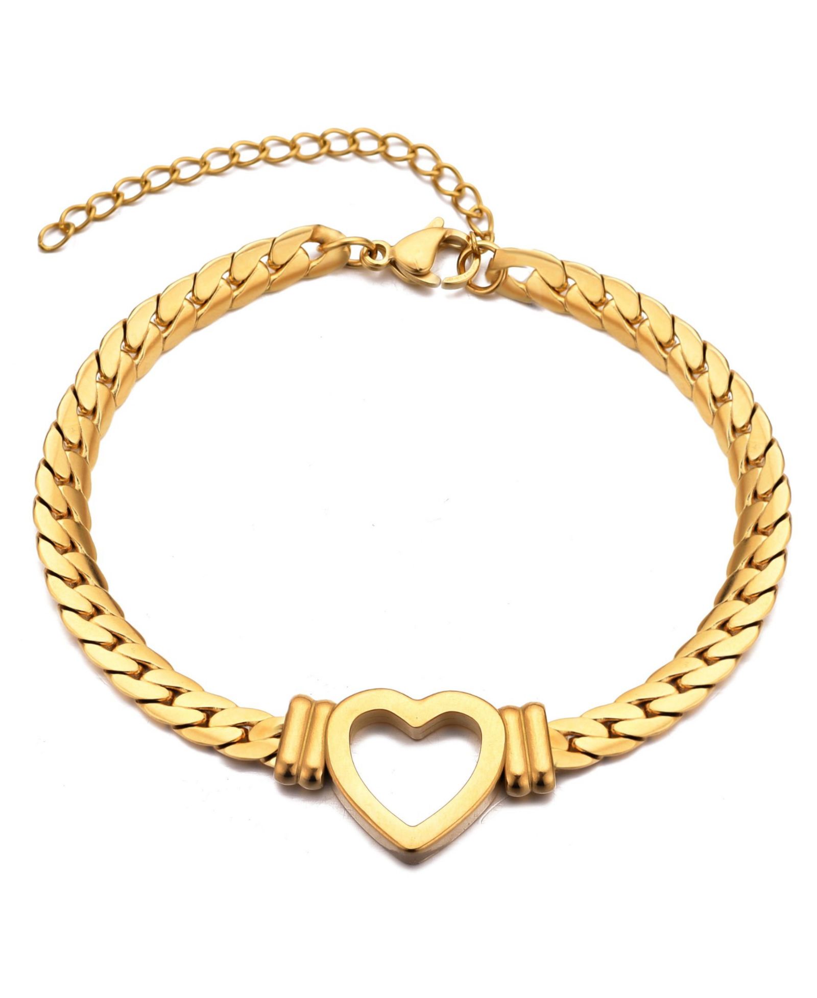 ADORNIA Tarnish Resistant Gold Flat Curb Chain Heart Bracelet