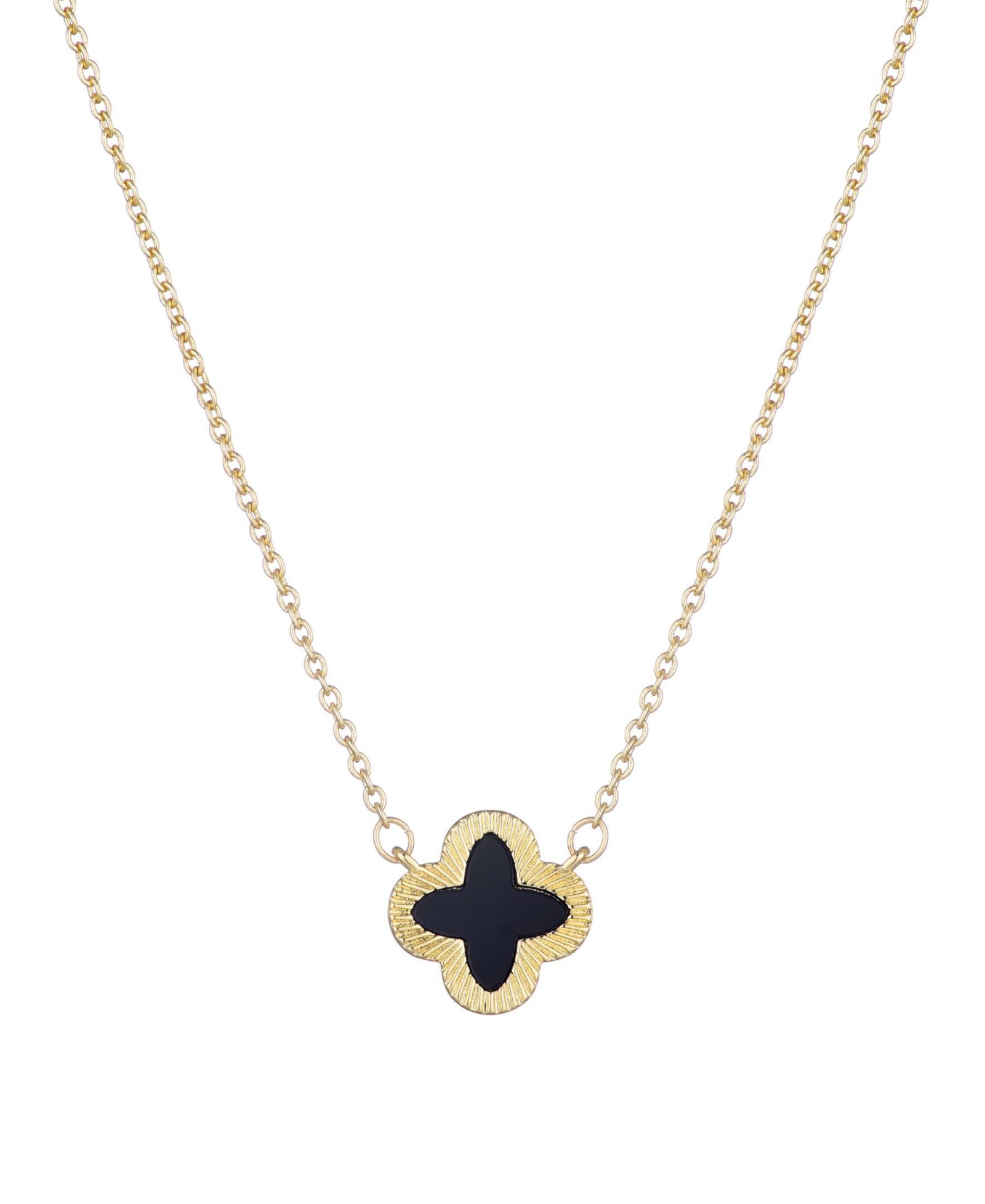 ADORNIA Gold Fluted Edge Black Clover Pendant Necklace