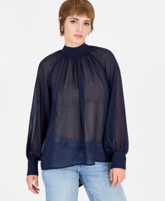 GUESS Women's Long Sleeve Audrine Printed Tie-Neck Bow Blouse