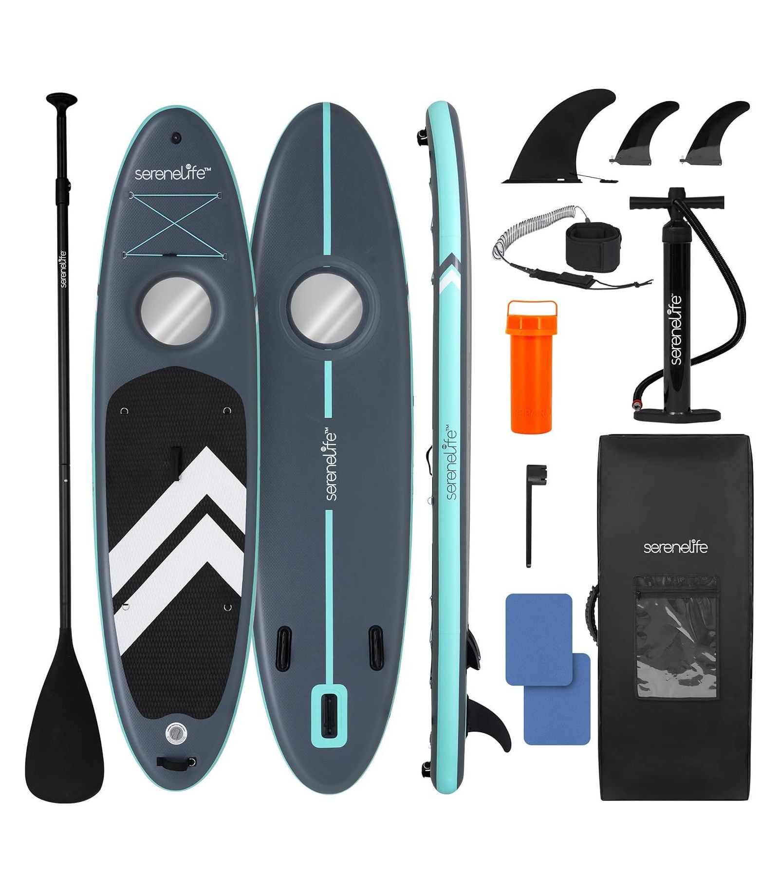 Inflatable Stand-Up Paddle-Board with Window - Includes Double-Action Hand Pump, 3-Piece Aluminum Paddle, Leash, Removable Fin