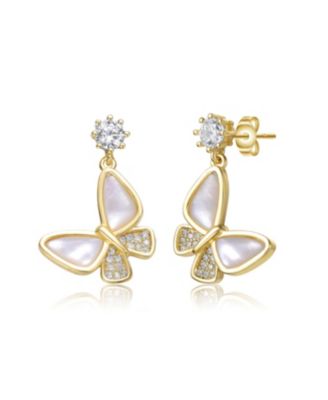 Plating with Mother of Pearl and Clear Cubic Zirconia Butterfly Drop Earrings
