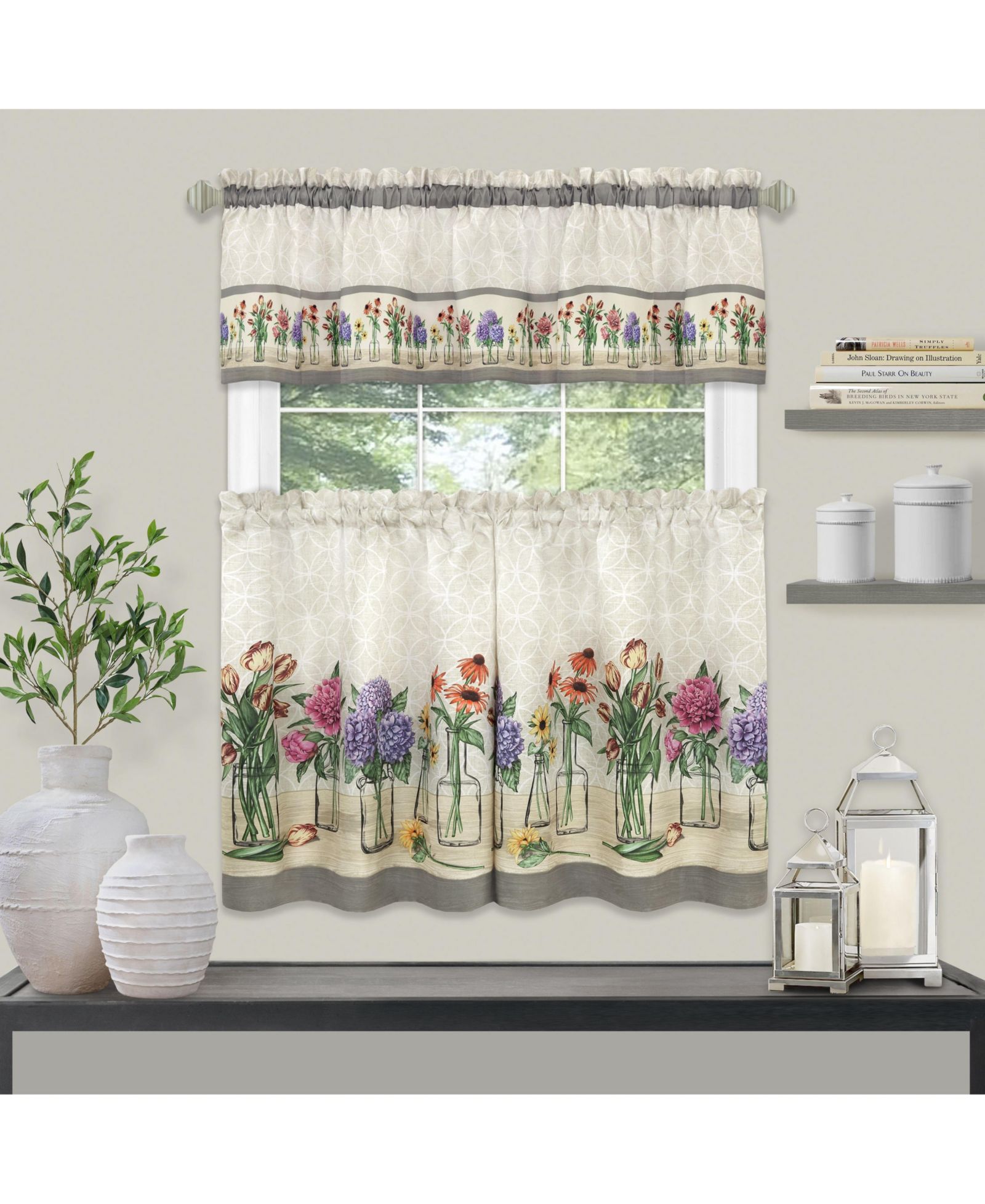 Kate Aurora 3 Piece Gardenia Florals Rod Pocket Kitchen Curtain Tier and Valance Set - 36 in. Long