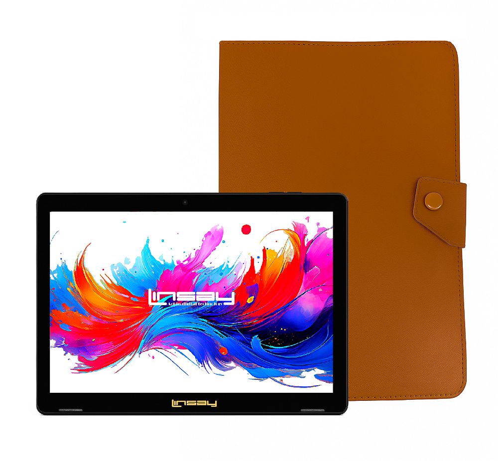 LINSAY 10.1" Octa Core 256GB Storage Android 15 Tablet with Brown Leather Case