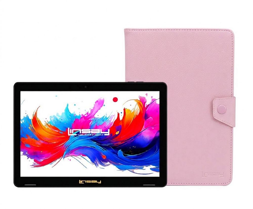 LINSAY 10.1"Octa Core 256GB Storage Android 15 Tablet with Pink Case