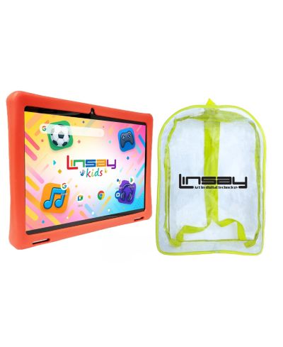 Планшет LINSAY 10.1" Octa Core, 256GB, Android 15 с красным защитным чехлом и рюкзаком для детей