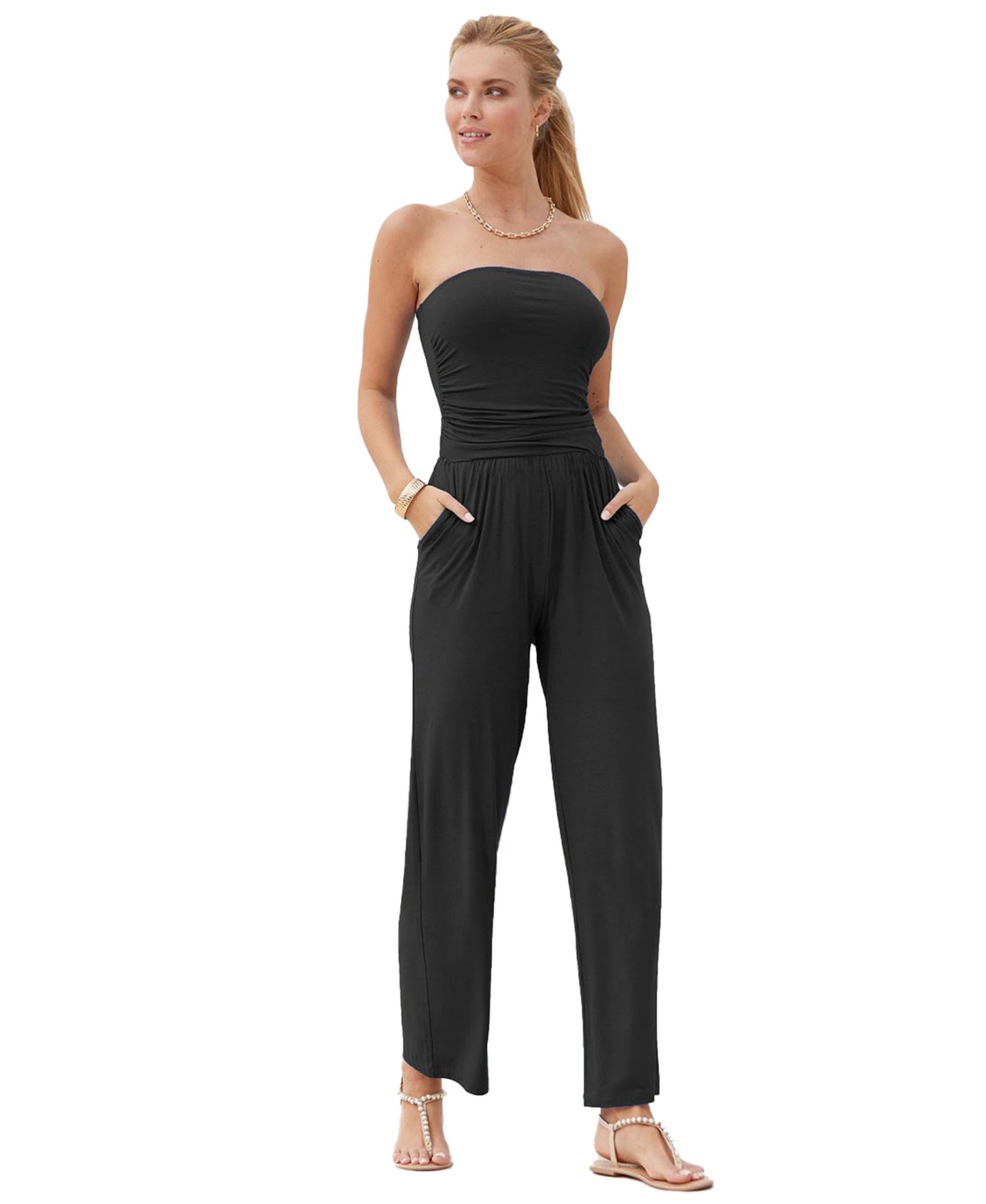LASCANA Women's Viscose Printed Strapless with Pockets Jumpsuit