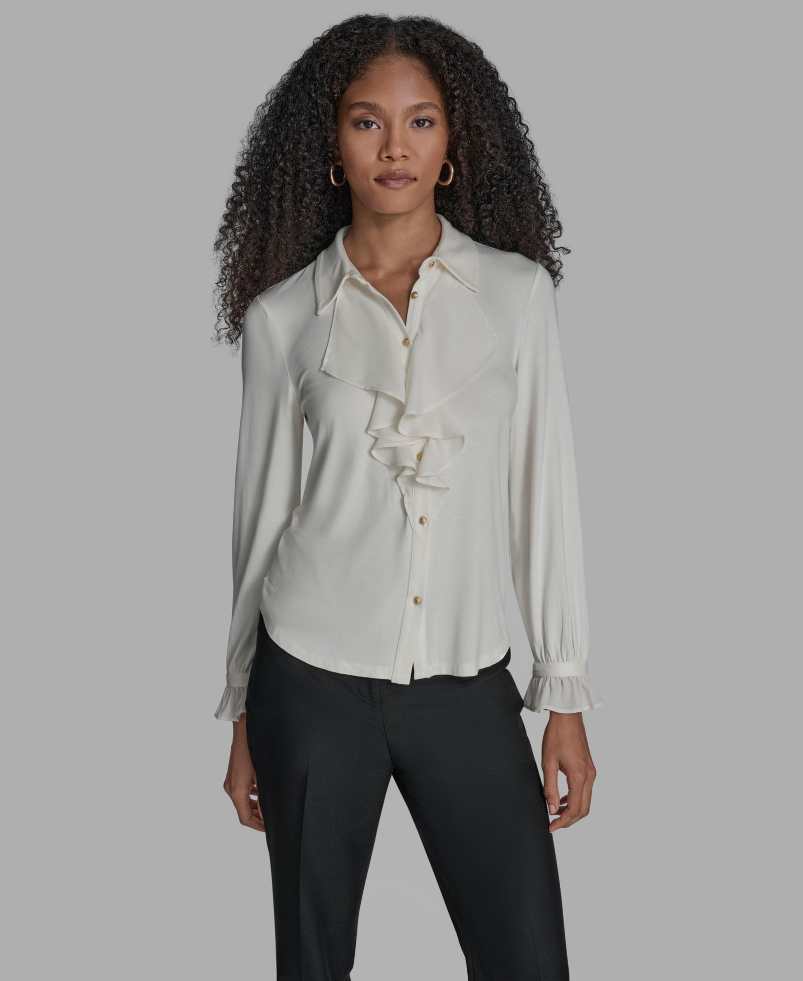 BCBG Women's Button Down Ruffle Front Blouse