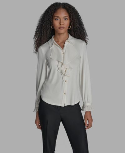 BCBG Women's Button Down Ruffle Front Blouse