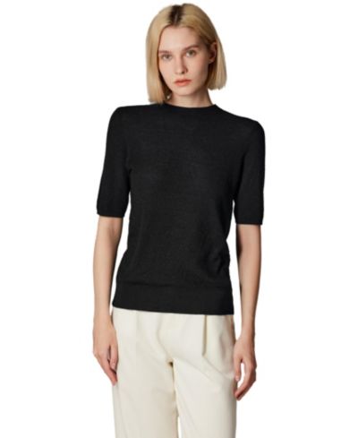 JENNIE LIU Women's Funnel Neck Short Sleeve Sweater | 75% Merino Wool 25% Silk Ultra Soft Fine-gauge Knit Top | Machine Washable