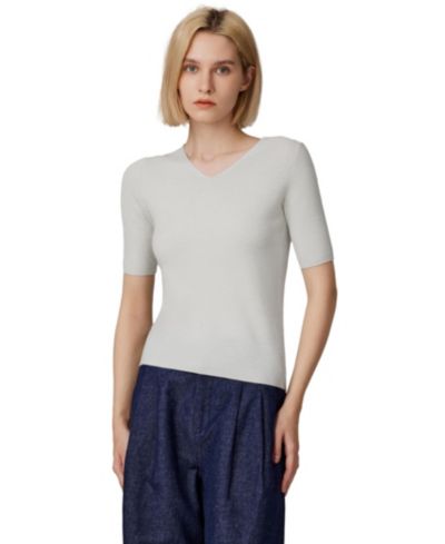 JENNIE LIU Women's Merino Wool Lurex Sweater | Shimmer Fine gauge V-Neck Short Sleeve Top | Machine Washable Pullover