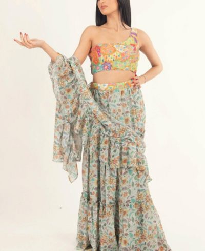 RAAS Women's One-Shoulder Floral Ruffle Saree Dress