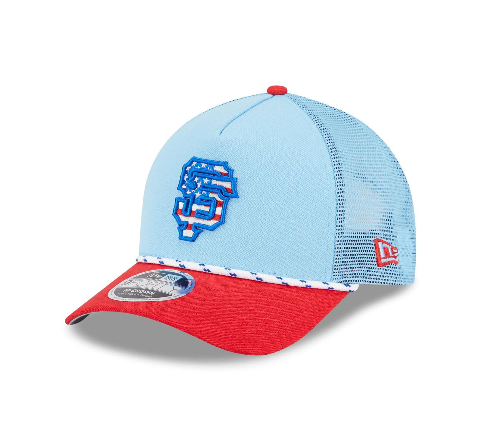 New Era Men's Light Blue/Red San Francisco Giants 2025 Fourth of July 9FORTY A-Frame M-Crown Adjustable Trucker Hat