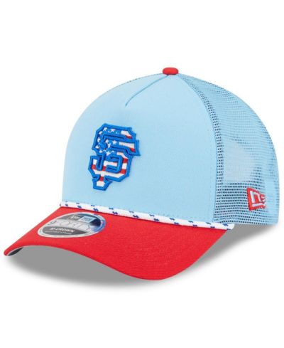 New Era Men's Light Blue/Red San Francisco Giants 2025 Fourth of July 9FORTY A-Frame M-Crown Adjustable Trucker Hat