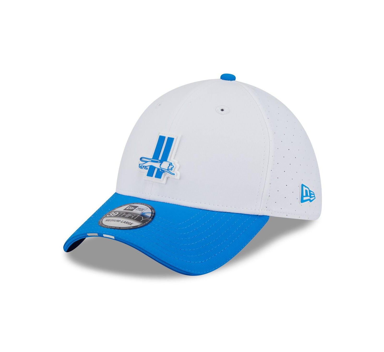 Мужская кепка New Era Detroit Lions 2025 NFL Training Camp Throwback Logo 39THIRTY Flex, White/Blue