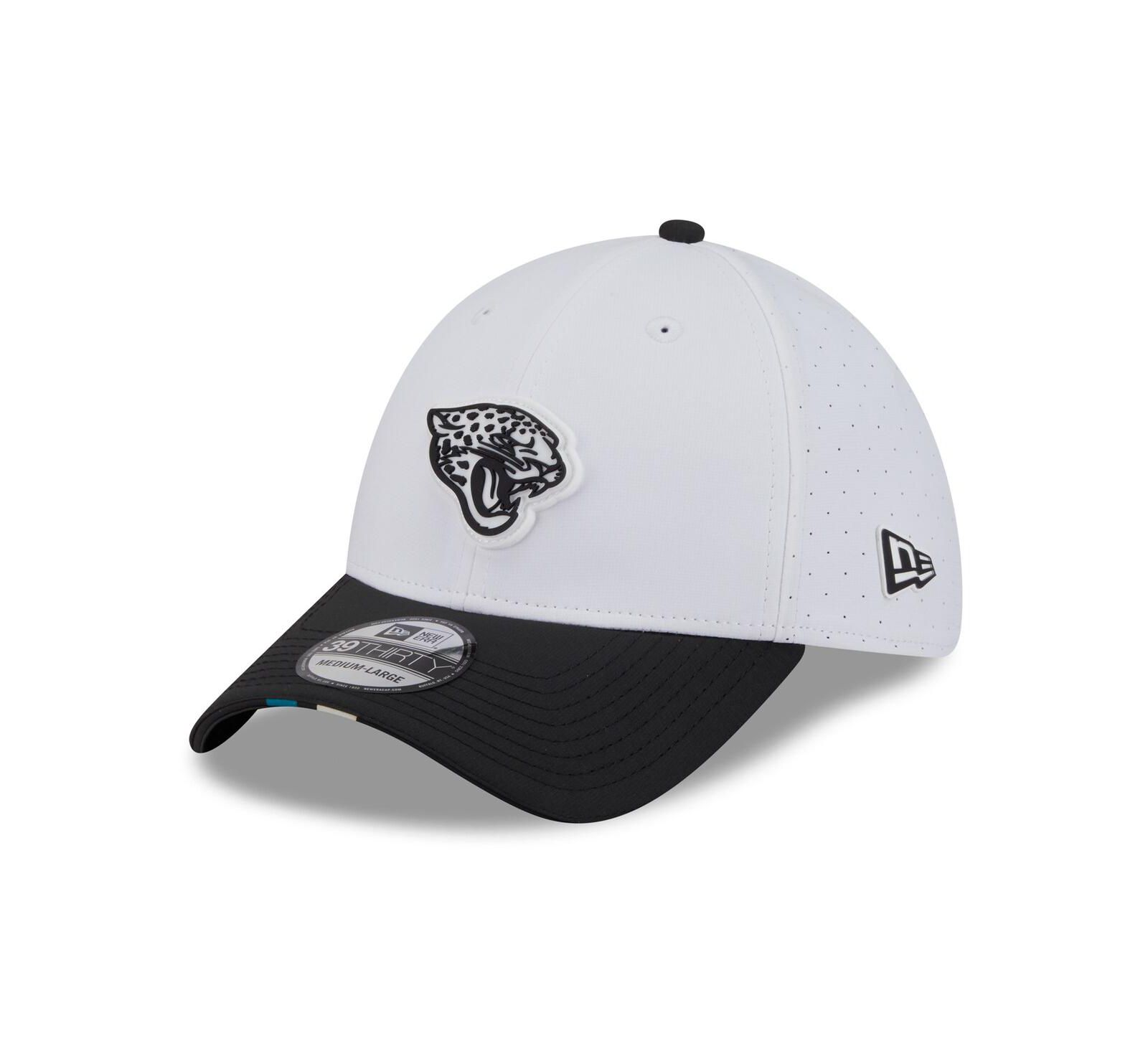Кепка New Era Men's White/Black Jacksonville Jaguars 2025 NFL Training Camp 39THIRTY Flex