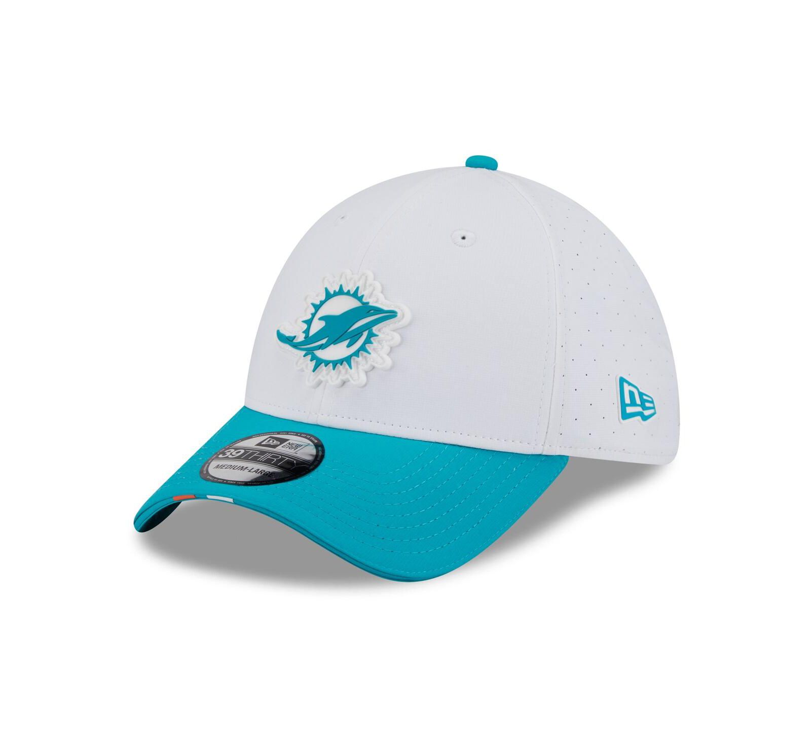 Мужская кепка New Era Miami Dolphins 2025 NFL Training Camp 39THIRTY Flex, белая/бирюзовая