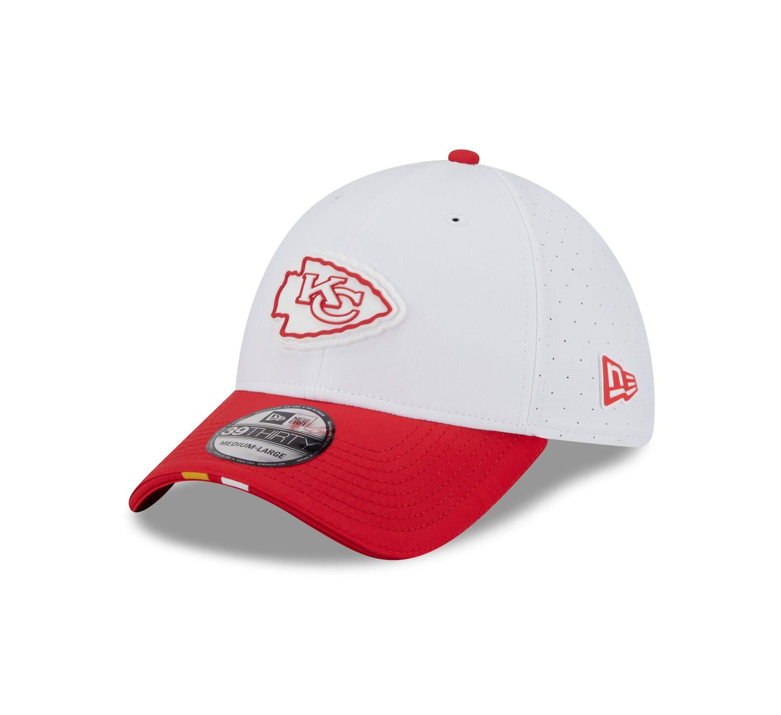 Мужская кепка New Era White/Red Kansas City Chiefs 2025 NFL Training Camp 39THIRTY Flex