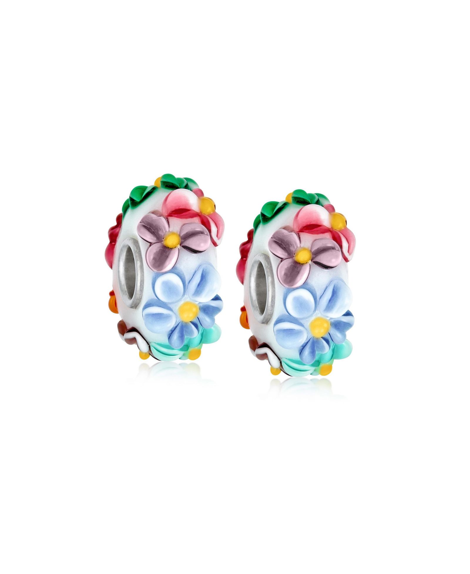 Bling Jewelry .925 Sterling Silver Glass 3D Multi Color White Pink Blue Green Flower Charm Bead (Set)