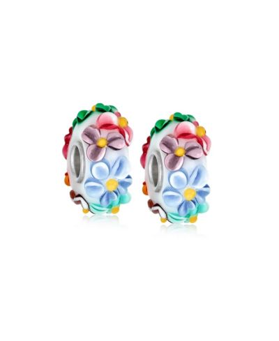 Bling Jewelry .925 Sterling Silver Glass 3D Multi Color White Pink Blue Green Flower Charm Bead (Set)