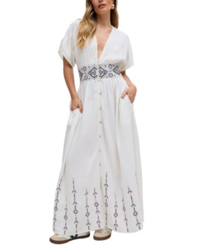 Raffya Women's Sally Ann Button Down Embroidery Maxi Dress