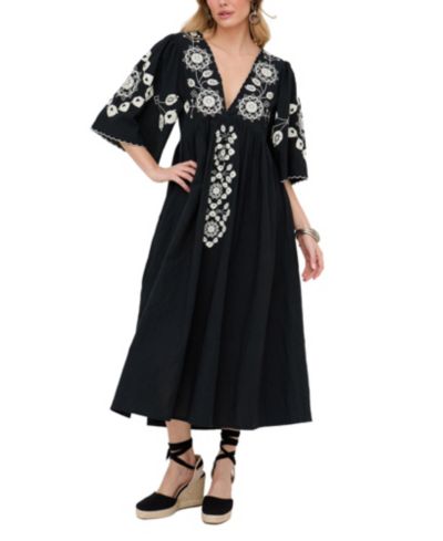 Raffya Women's Arianna V- Neck Embroidered Maxi Dress