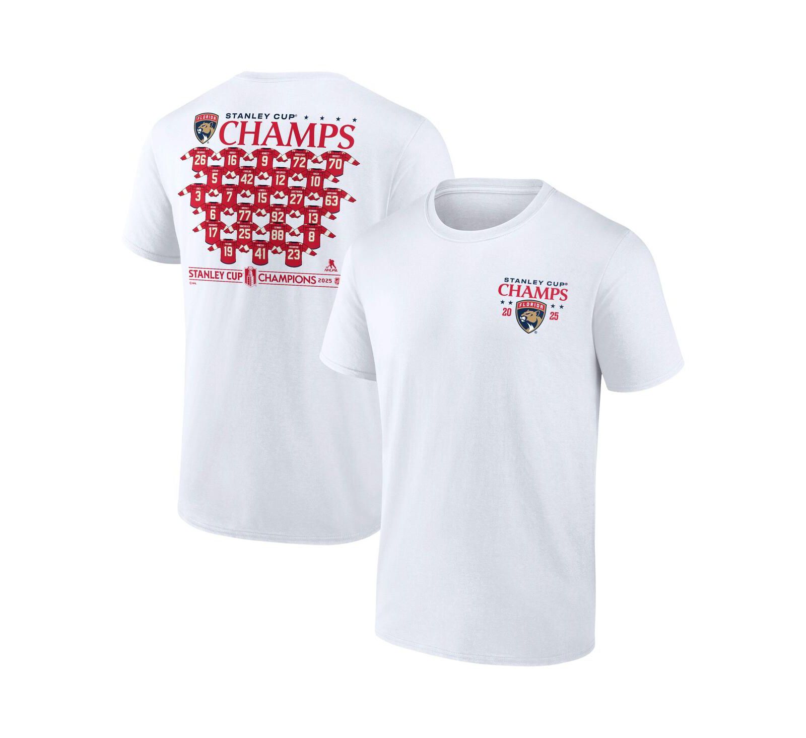 Мужская белая футболка Fanatics Florida Panthers 2025 Stanley Cup Champions Jersey Roster T-Shirt