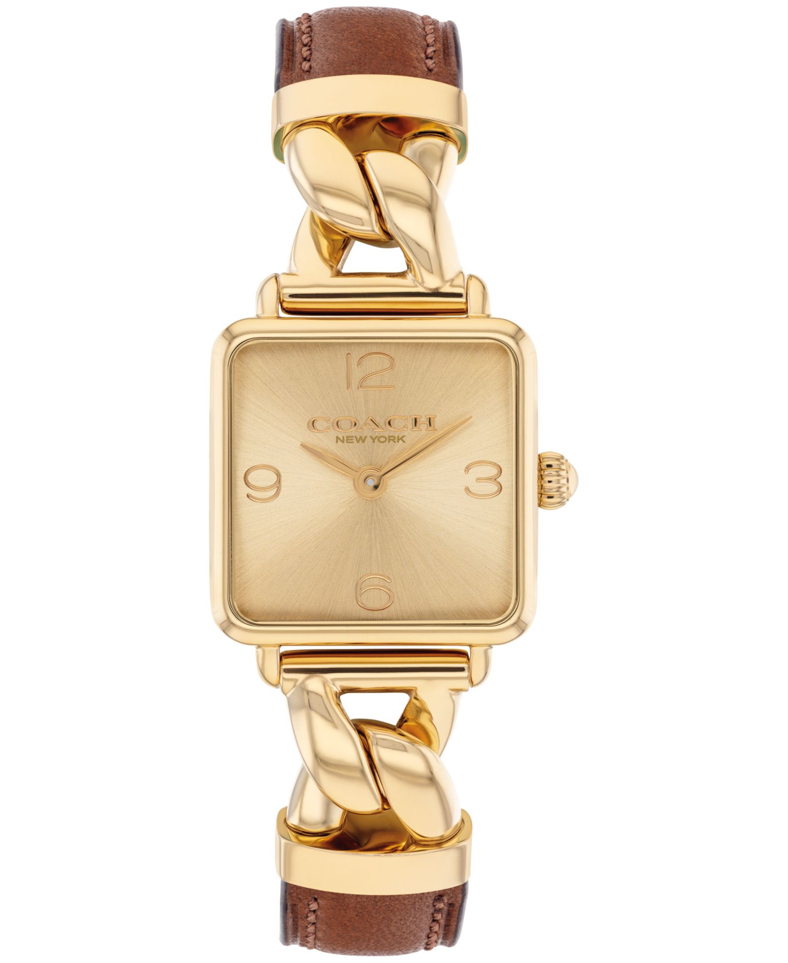COACH Women's Cass Gold Tone Stainless Steel and Saddle Leather Calfskin Strap Watch, 22mm