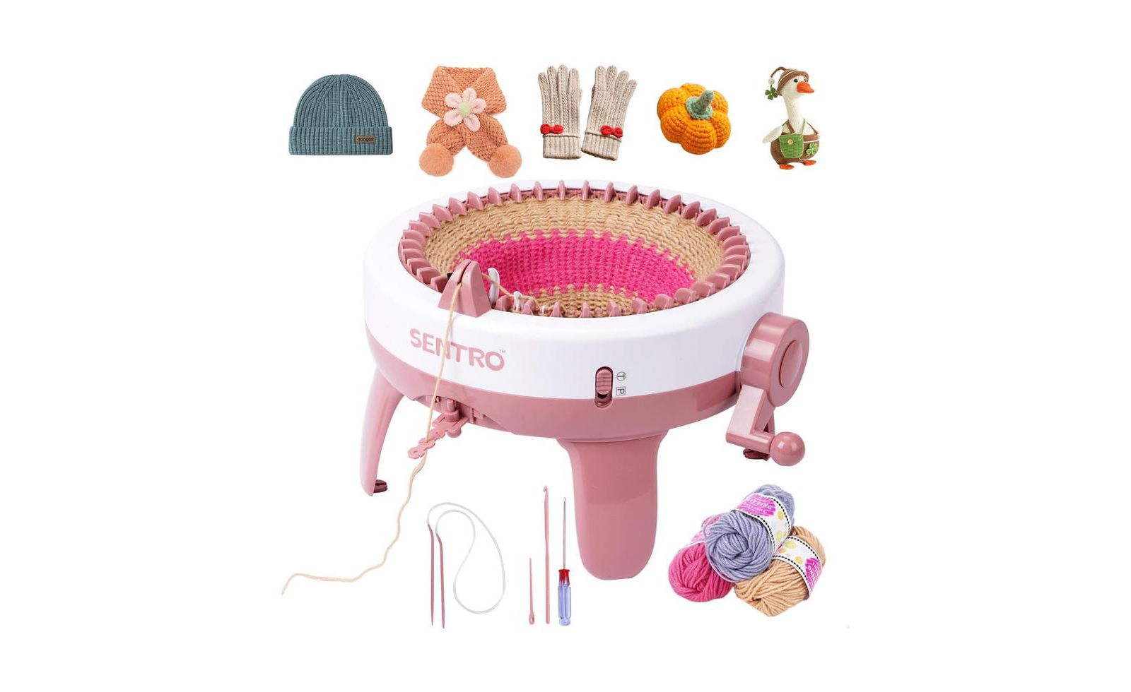 SENTRO 40-Needle Knitting Machine - Pink | Make Scarves, Hats, Socks Fast | Includes Flat/Tube Key, Easy for Beginners & Kids