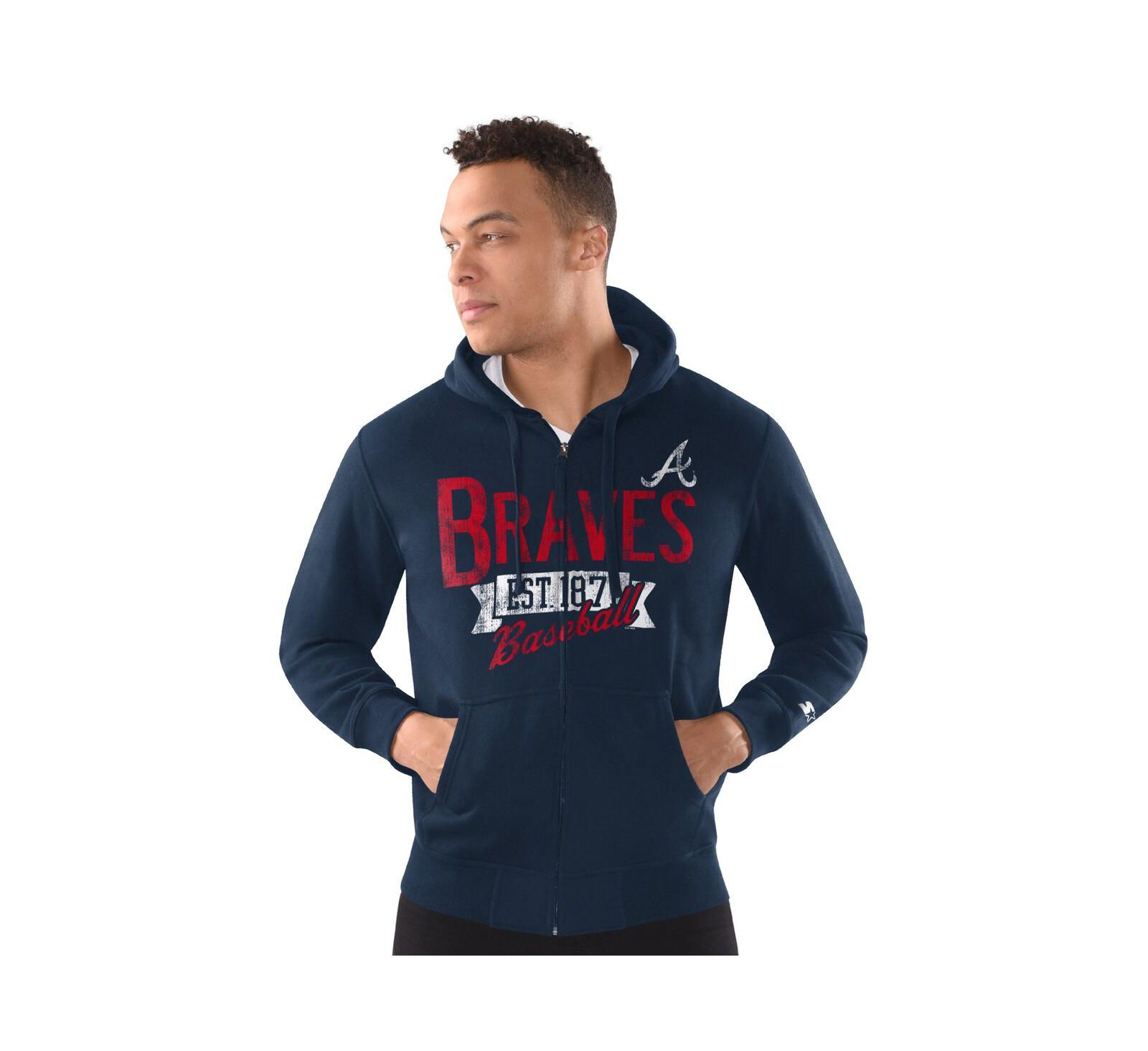 Starter Men's Navy Atlanta Braves Distressed Full-Zip Hooded Jacket