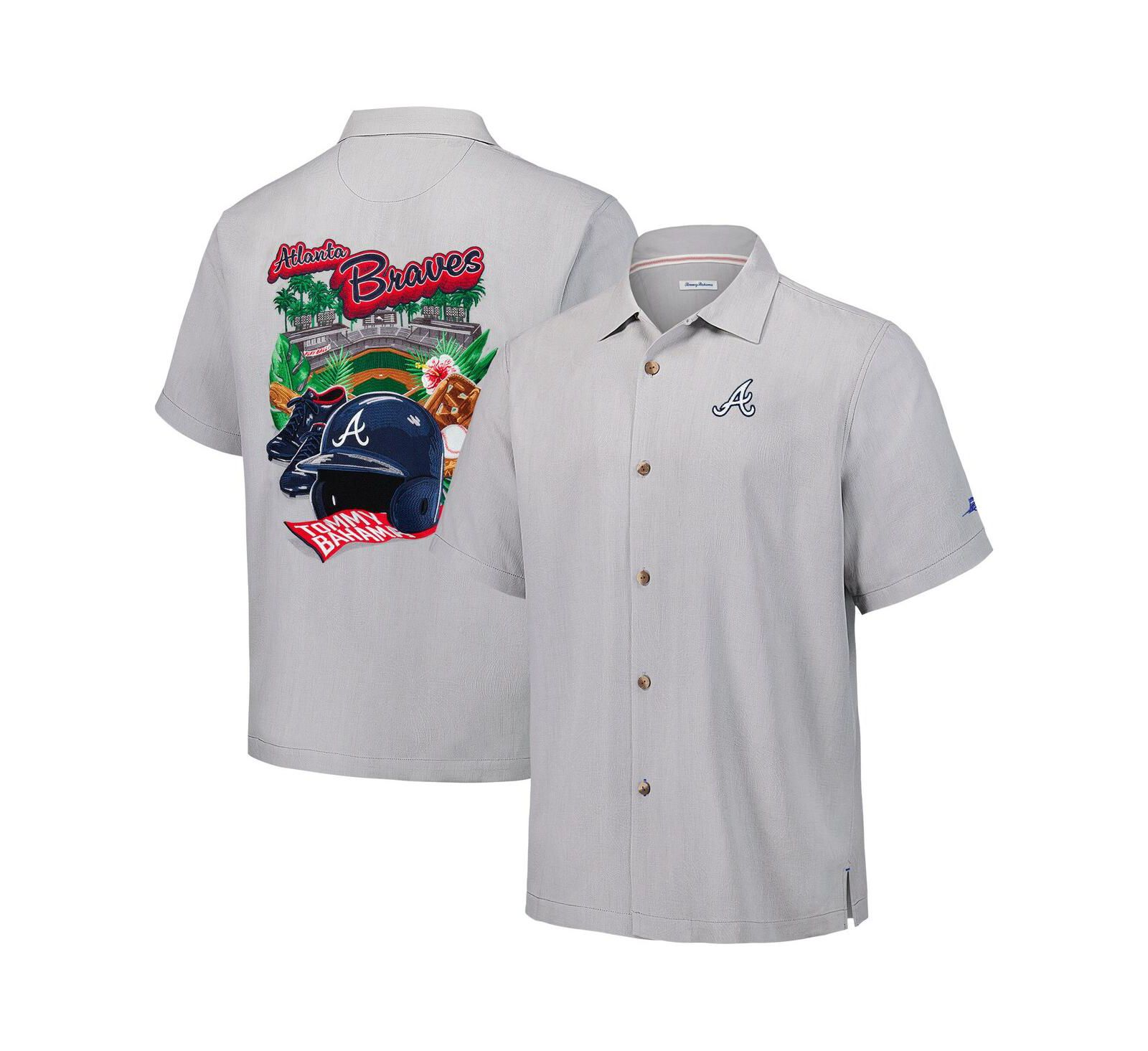 Tommy Bahama Men's Gray Atlanta Braves Hit and Run Silk Camp Button-Up Shirt