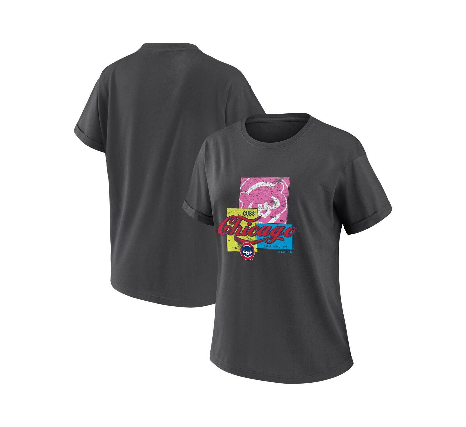 WEAR by Erin Andrews Women's Charcoal Chicago Cubs Domestic Box Color Boyfriend T-Shirt