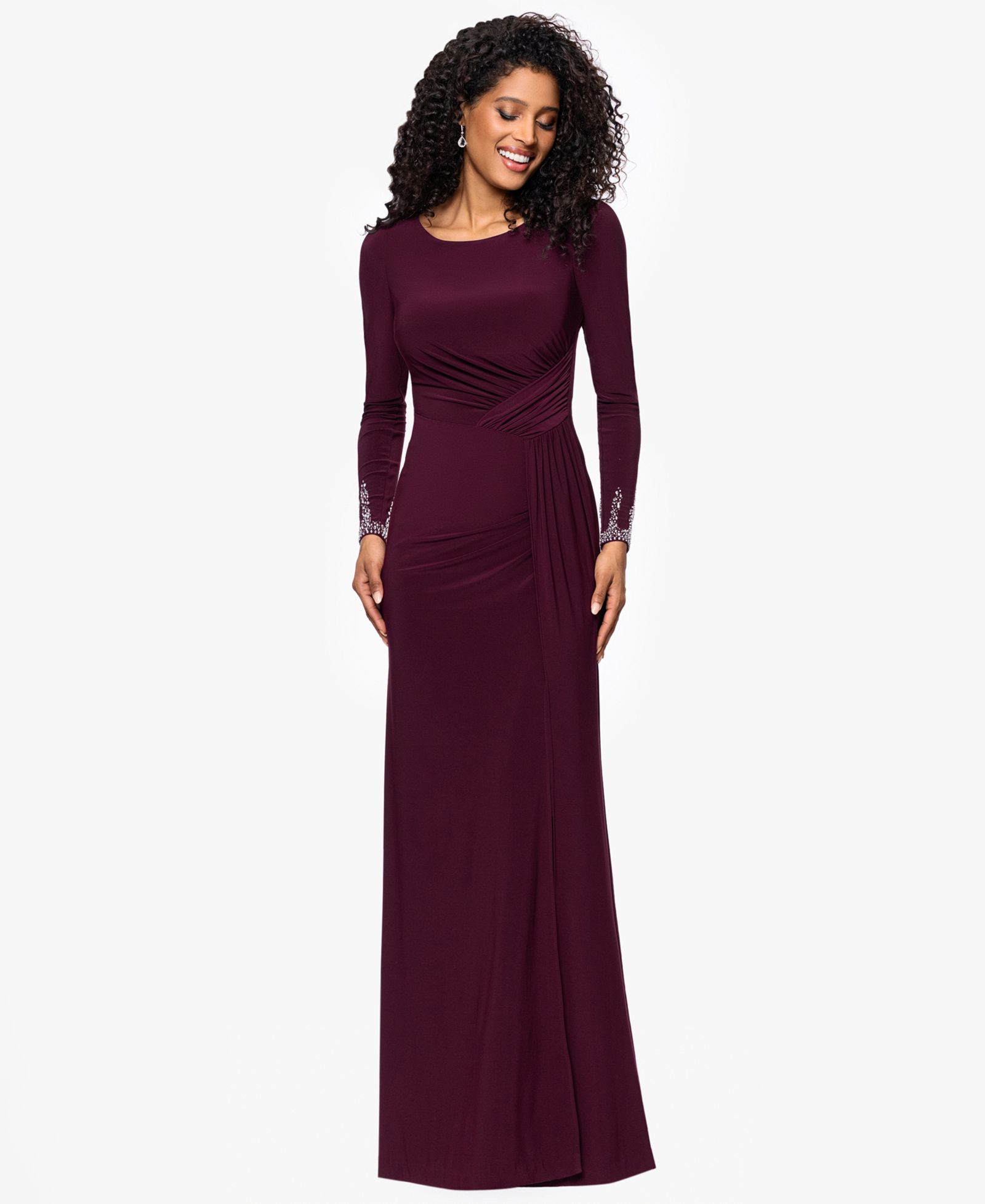 Betsy & Adam Petite Long Sleeve Beaded Cuff Dress