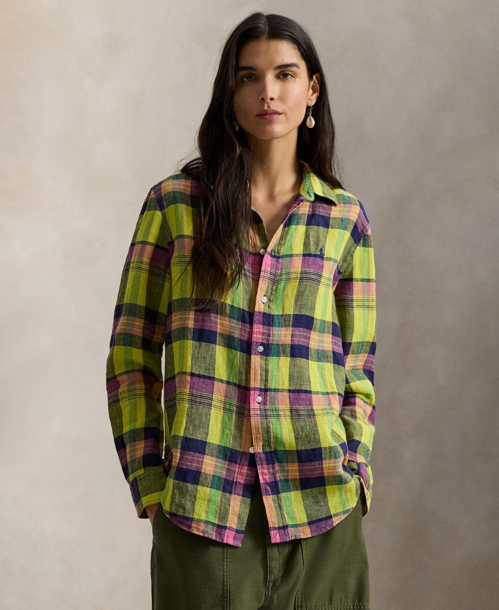 Polo Ralph Lauren Women's Classic Fit Plaid Point Collar Linen Shirt