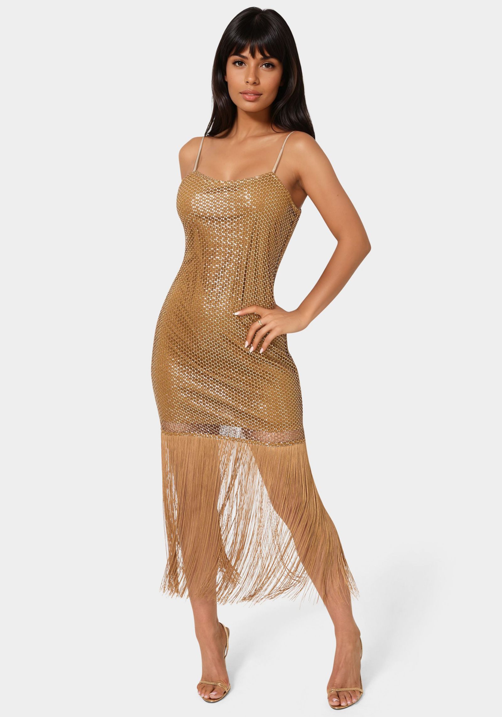 Bebe Women's Sequin Crochet Fringe Dress