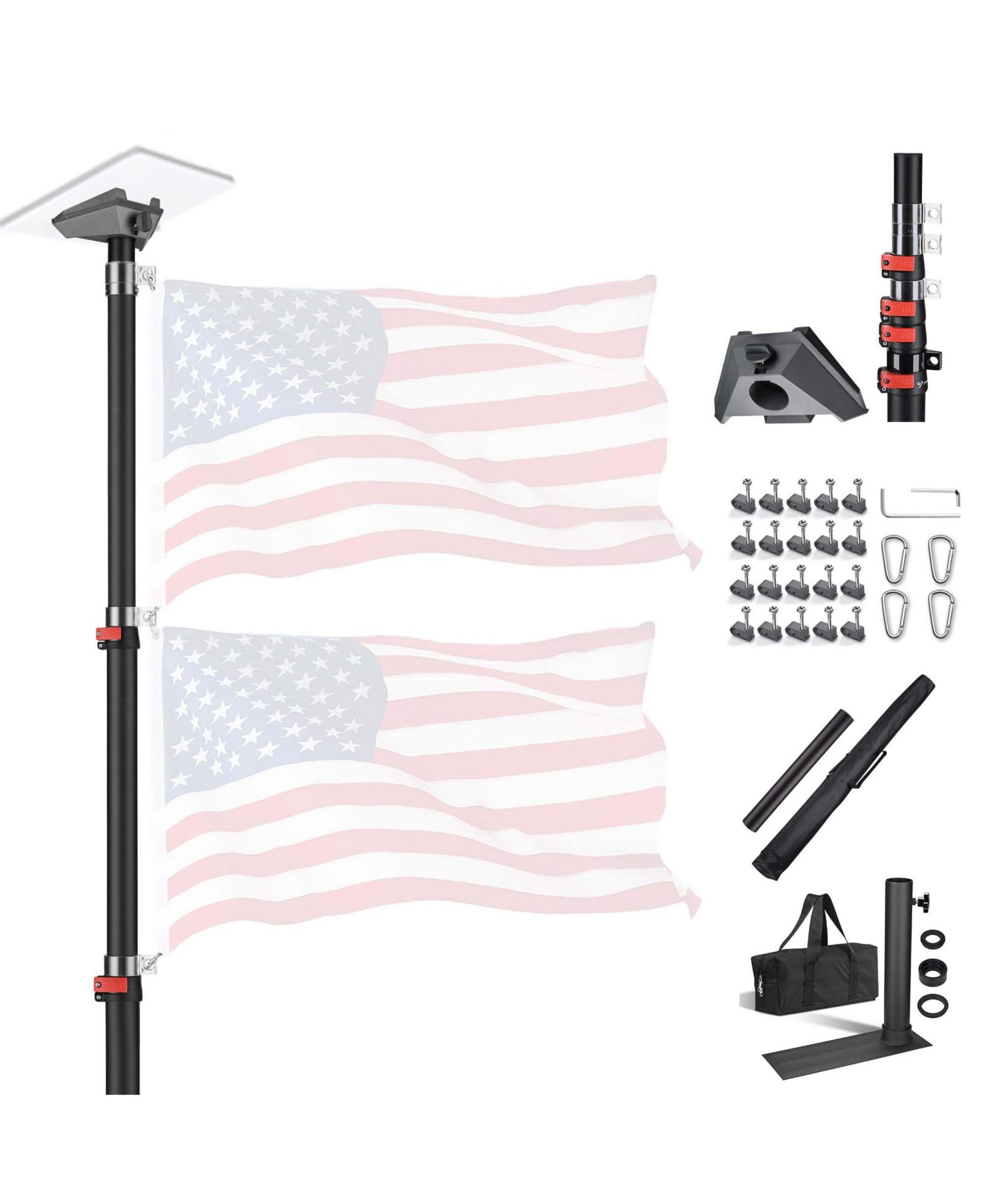 Yescom EZ GO 14ft Telescopic Flag Pole Kit with Starlink Mini Pipe Adapter and Tire Mount Base for Outdoor Tailgate Party, Black