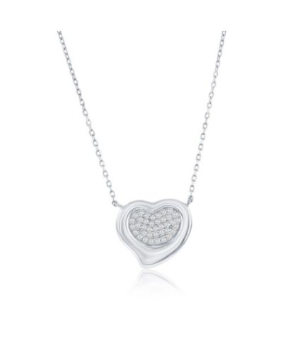 Sterling , Puffed Polished & Pave CZ Heart Necklace