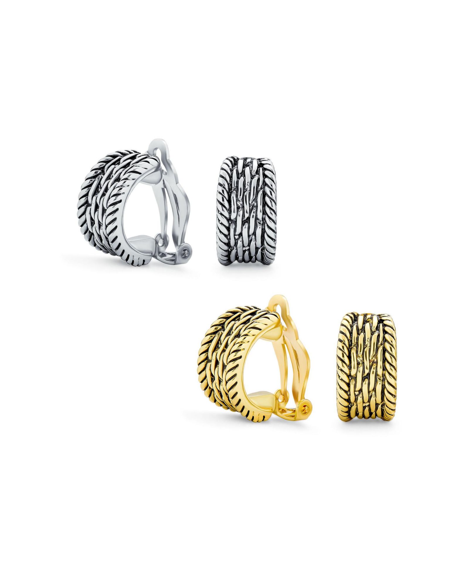 Bling Jewelry Twisted Rope Cable Chain Clip On Earrings Oxidized Silver Gold Plated 2-Set
