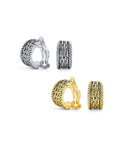 Bling Jewelry Twisted Rope Cable Chain Clip On Earrings Oxidized Silver Gold Plated 2-Set