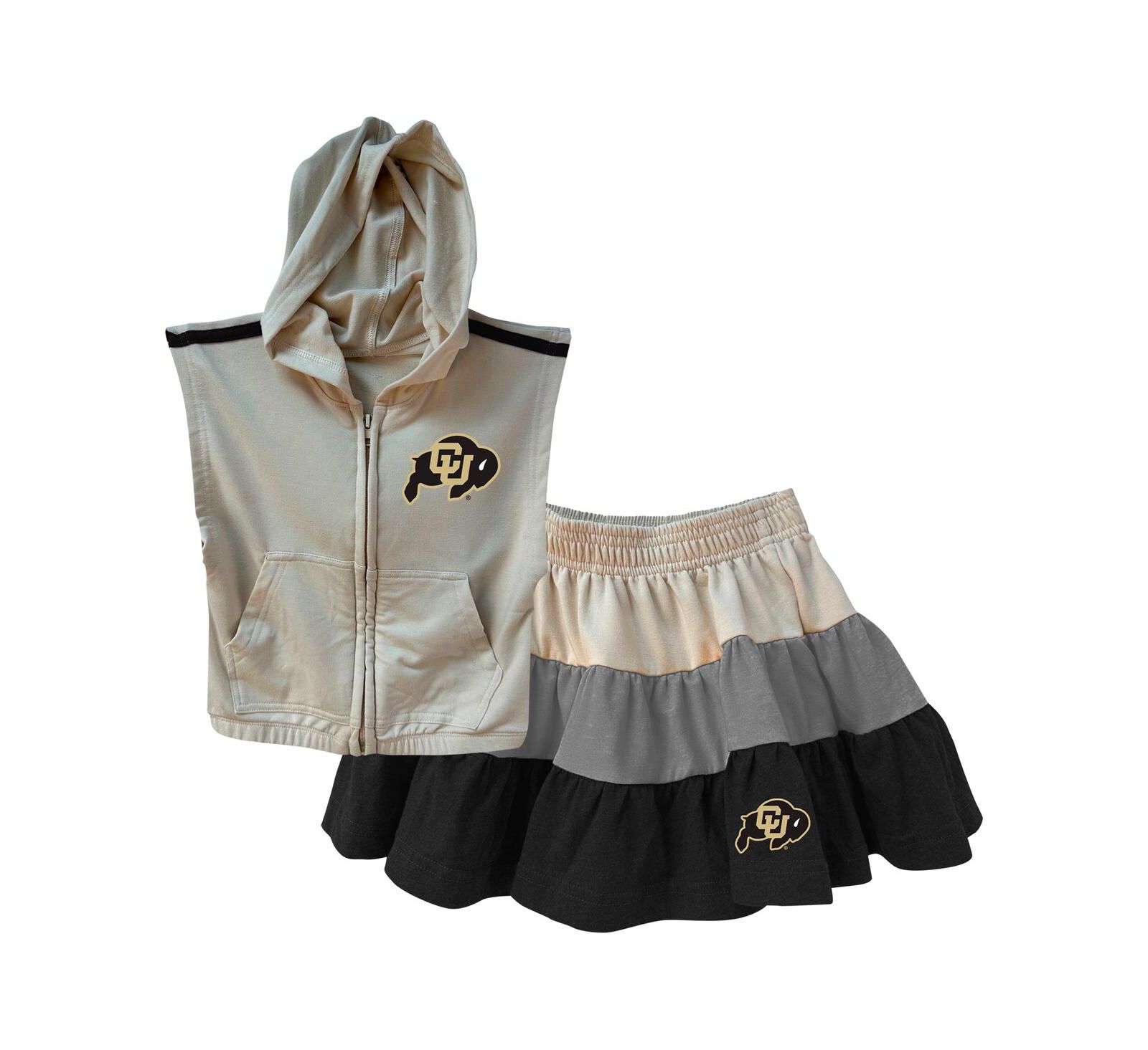 Wes & Willy Girls Toddler Tan Colorado Buffaloes Tri-Blend Sleeveless Full Zip Hoodie and Tiered Skirt Set