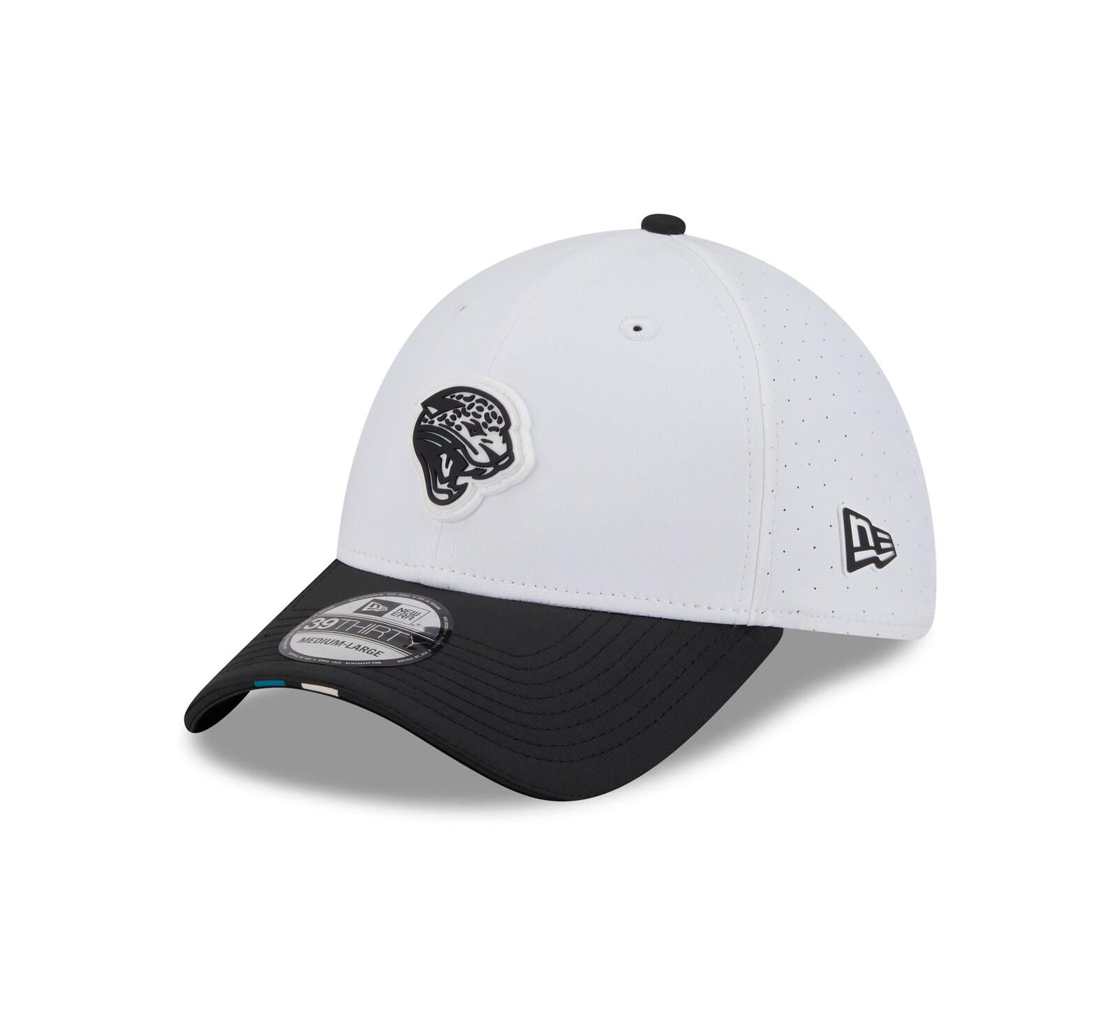 Кепка New Era Men's White/Black Jacksonville Jaguars 2025 NFL Training Camp Throwback Logo 39THIRTY Flex