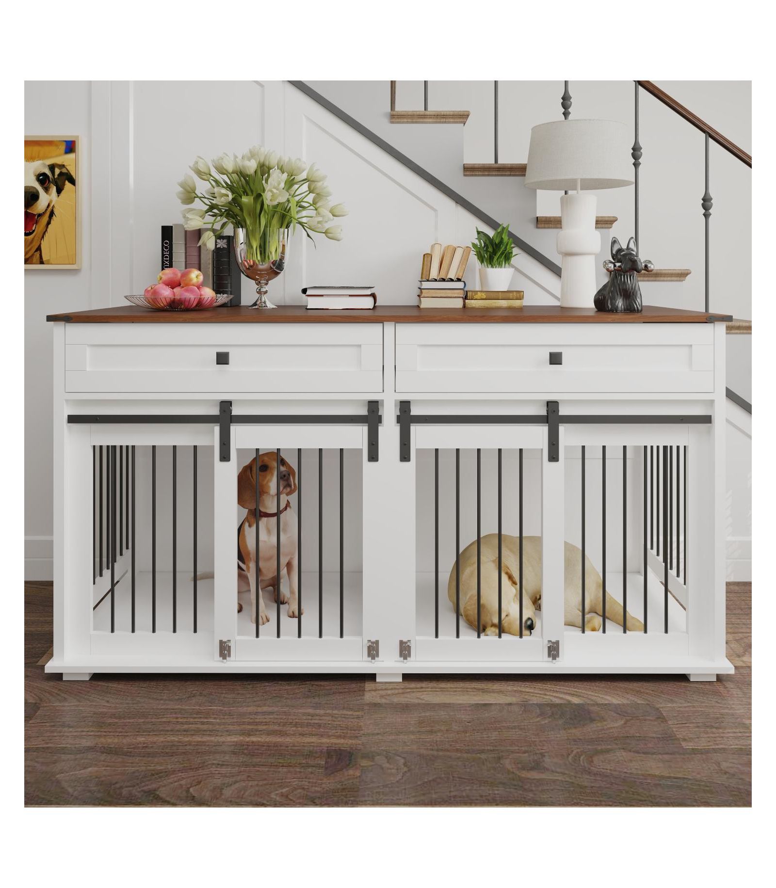 Мебель Streamdale Furniture для двойной собачьей клетки 63 дюйма с ящиками и разделителем