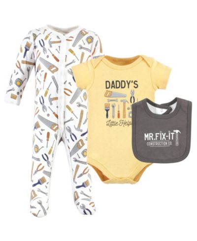 Hudson Baby ' Cotton Essentials Set Sleep 'n Play Jumpsuit, Bodysuit, and Bandana Bib