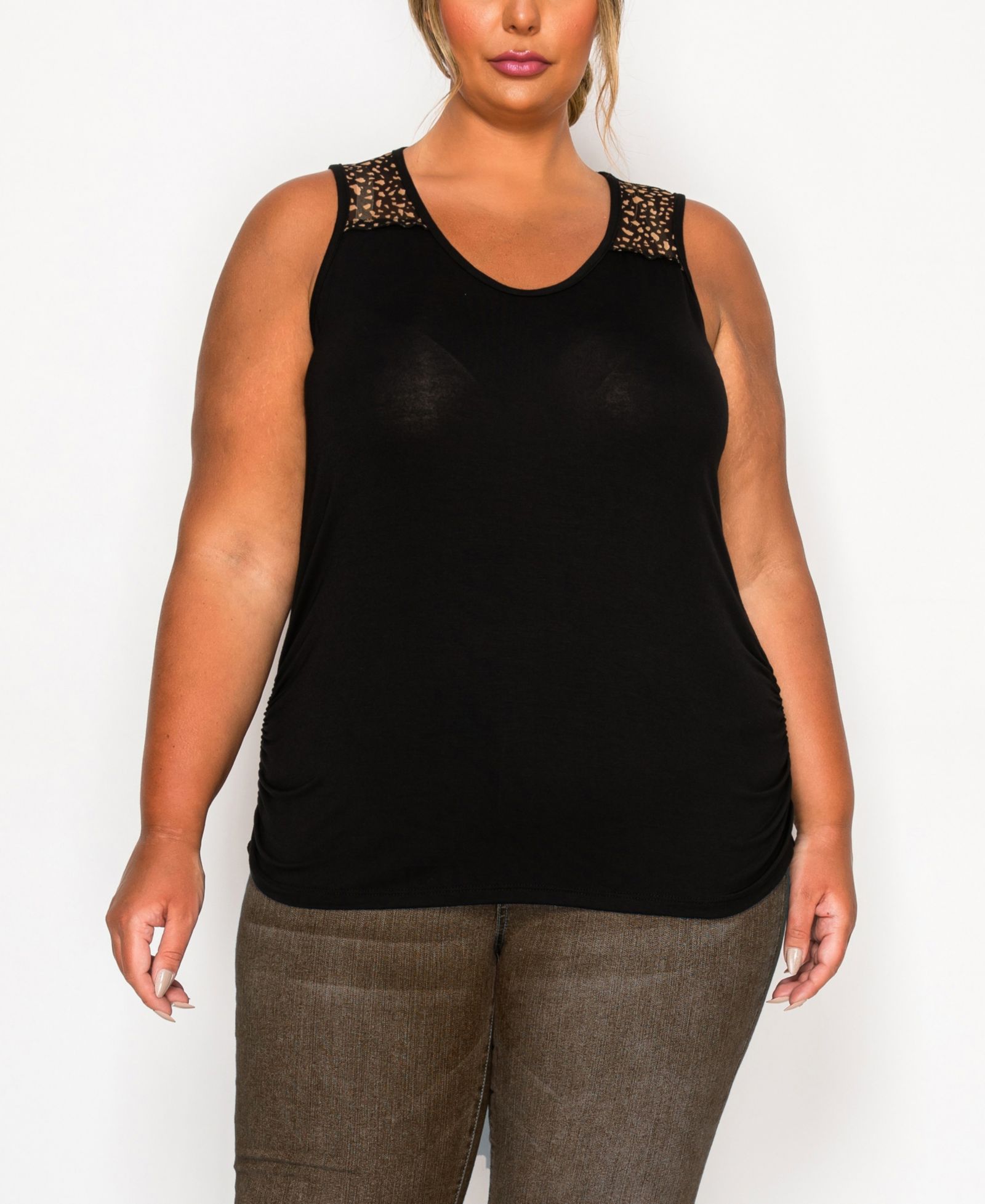 Plus Size топ-майка COIN 1804 с сетчатыми вставками и драпировкой по бокам