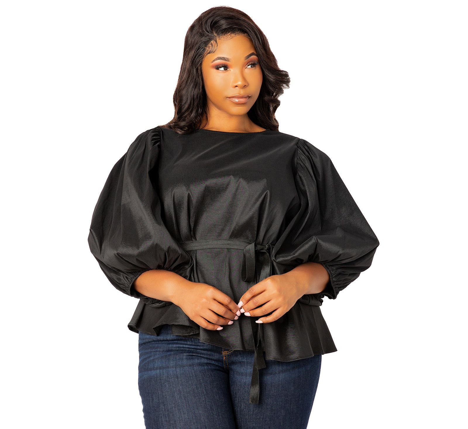 Buxom Couture Plus Size Tie Waist Voluminous Sleeve Blouse