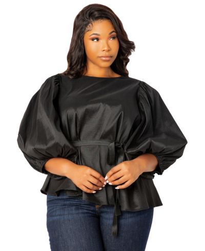 Buxom Couture Plus Size Tie Waist Voluminous Sleeve Blouse