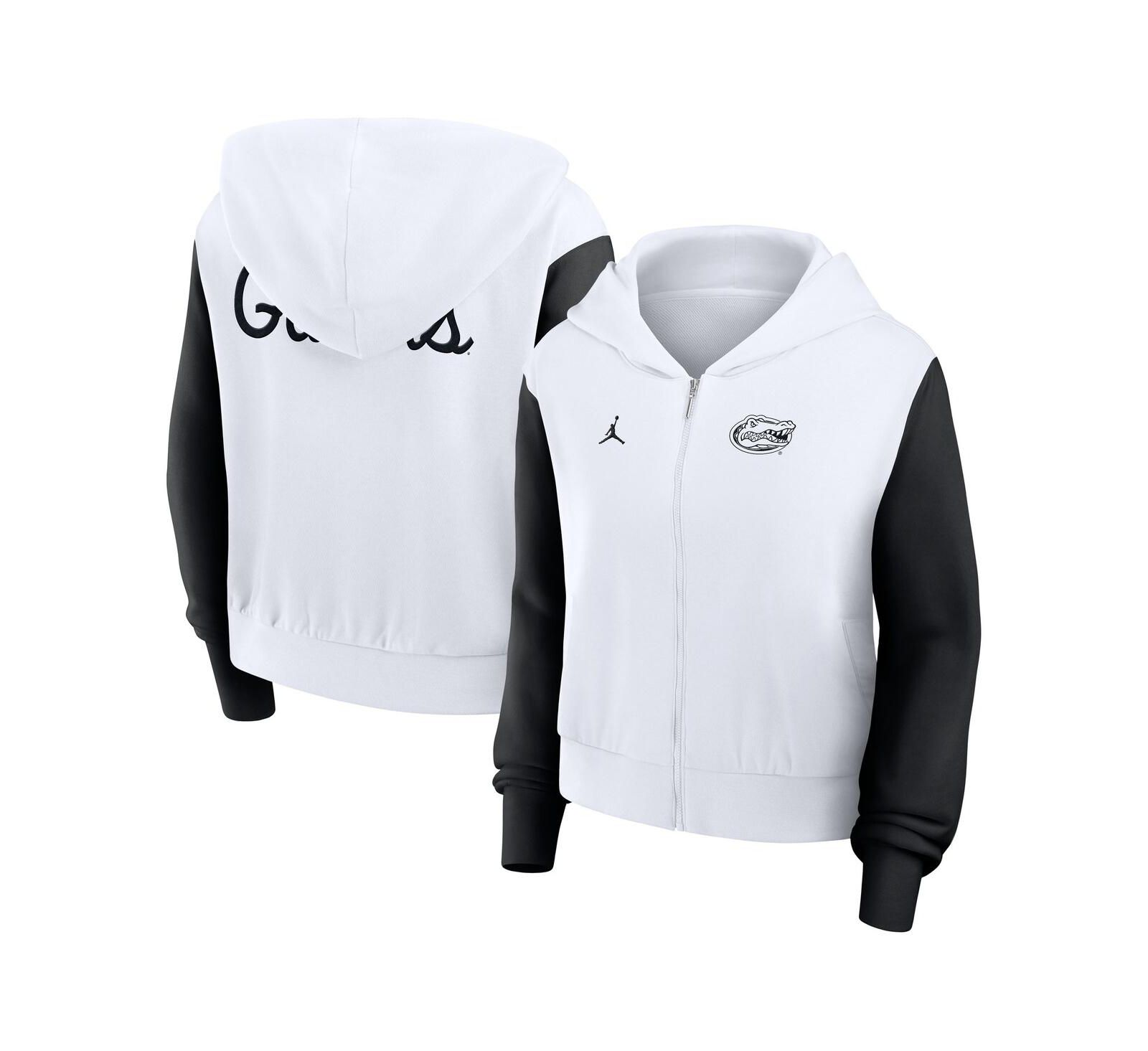 Jordan Women's White Florida Gators Cropped Athletic Prep Color Block Script Full-Zip Hoodie
