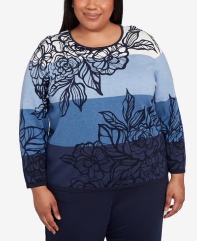 Alfred Dunner Plus Size Classic Ombre Floral Block Stripe Sweater