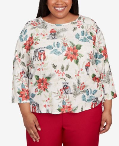 Топ Alfred Dunner Plus Size Classic Holiday Poinsettias Crew Neck