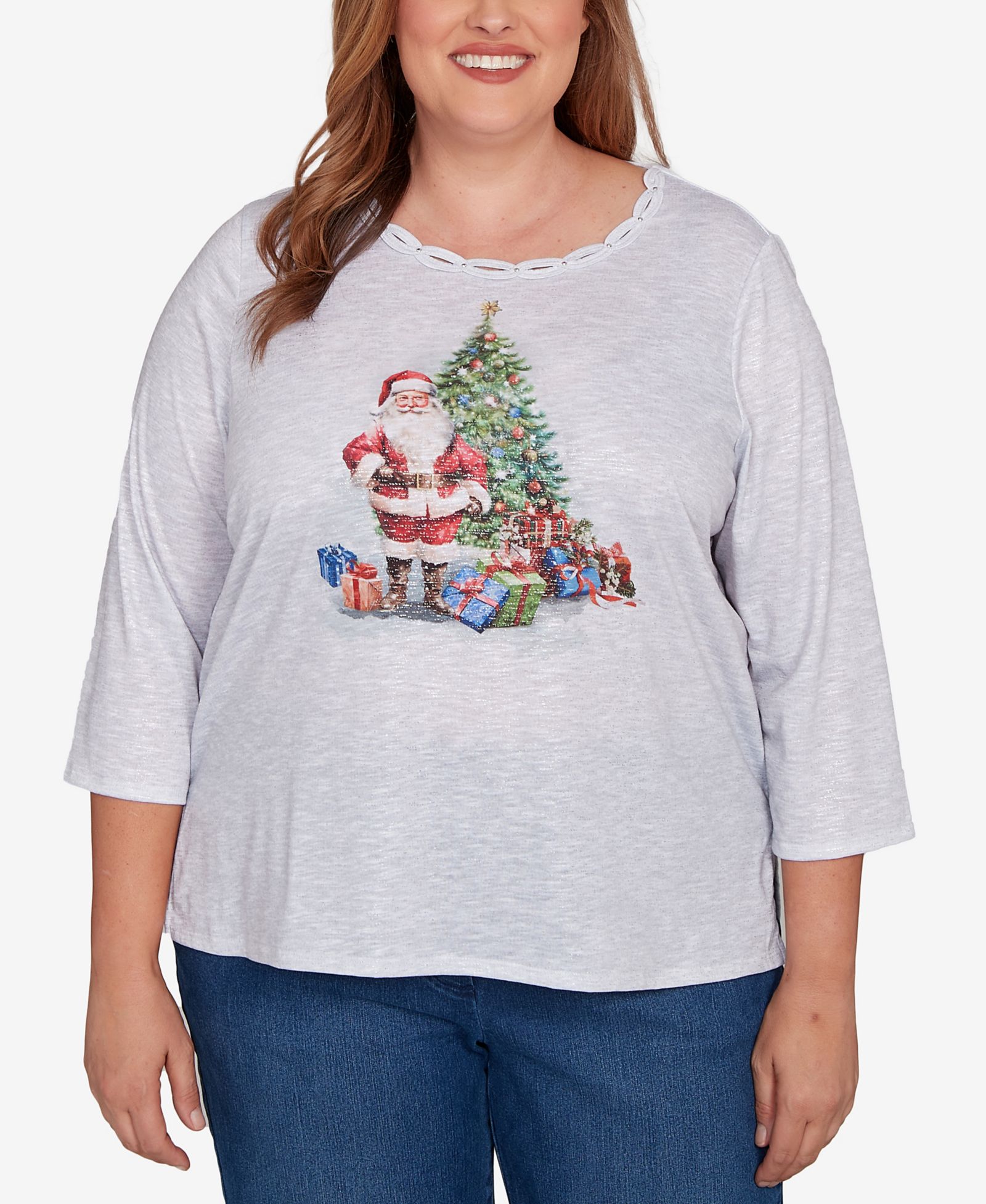 Alfred Dunner Plus Size Classic Santa and Tree Print Crew Neck Top